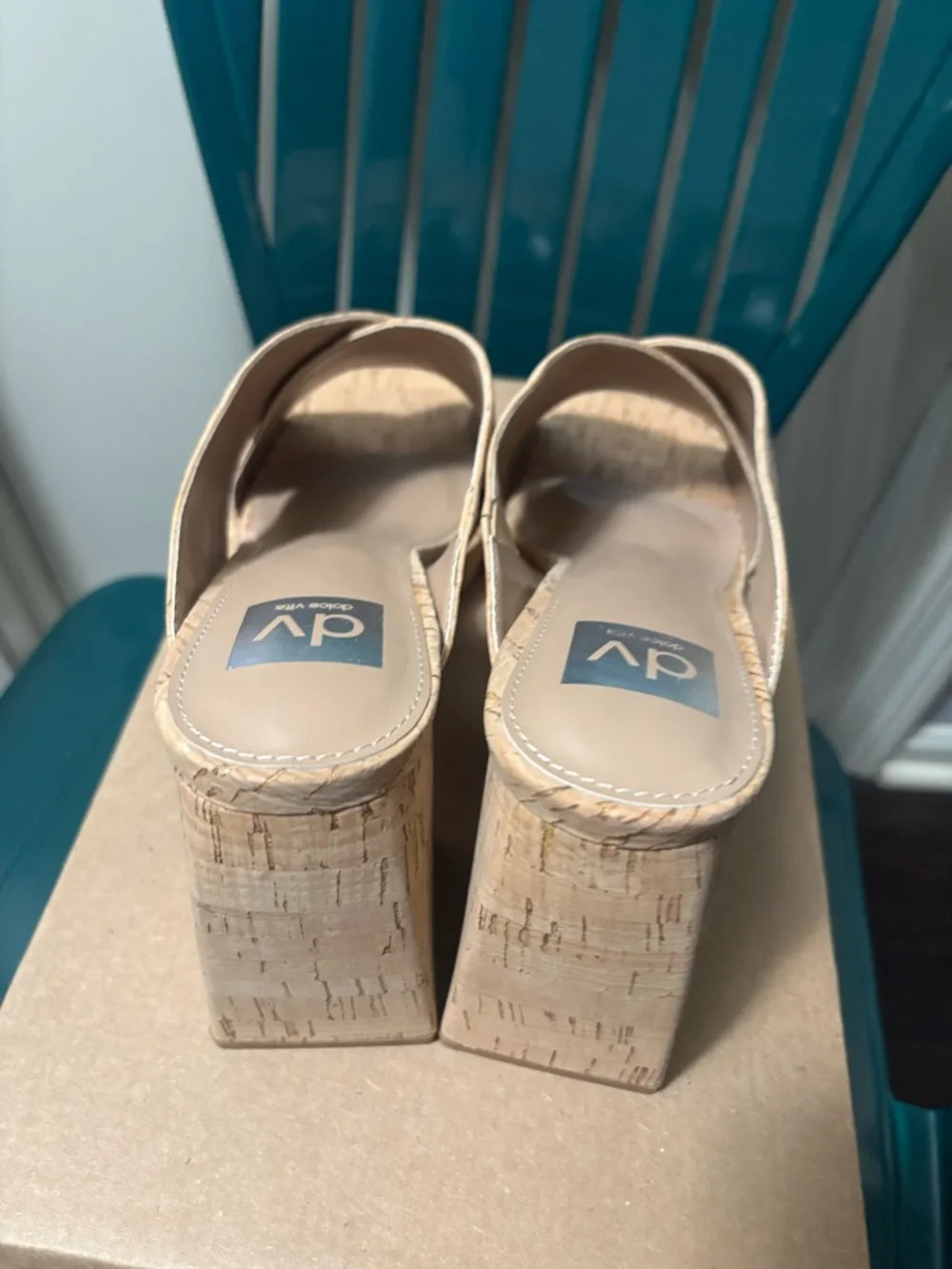 Dolce Vita Tan Cork Crossover Block Heel Slides. DV Dolce Vita womens Boscoe
